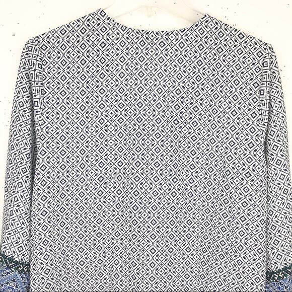 NYDJ Womens Beaded V-Neck Tassel Blouse 3/4 Sleeve Geometric Pattern Blue Small - Picture 8 of 13